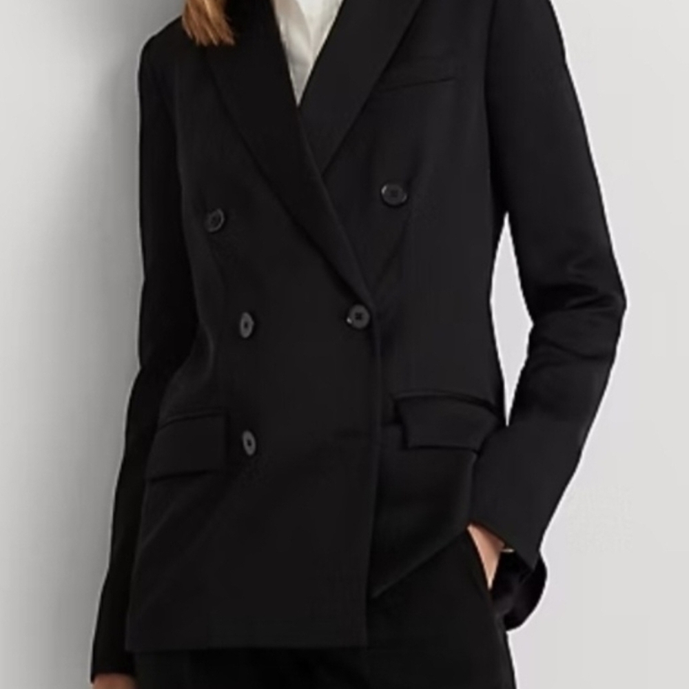 Ralph Lauren Blk Label Double-Breasted Crepe Black Satin Blazer Size 8